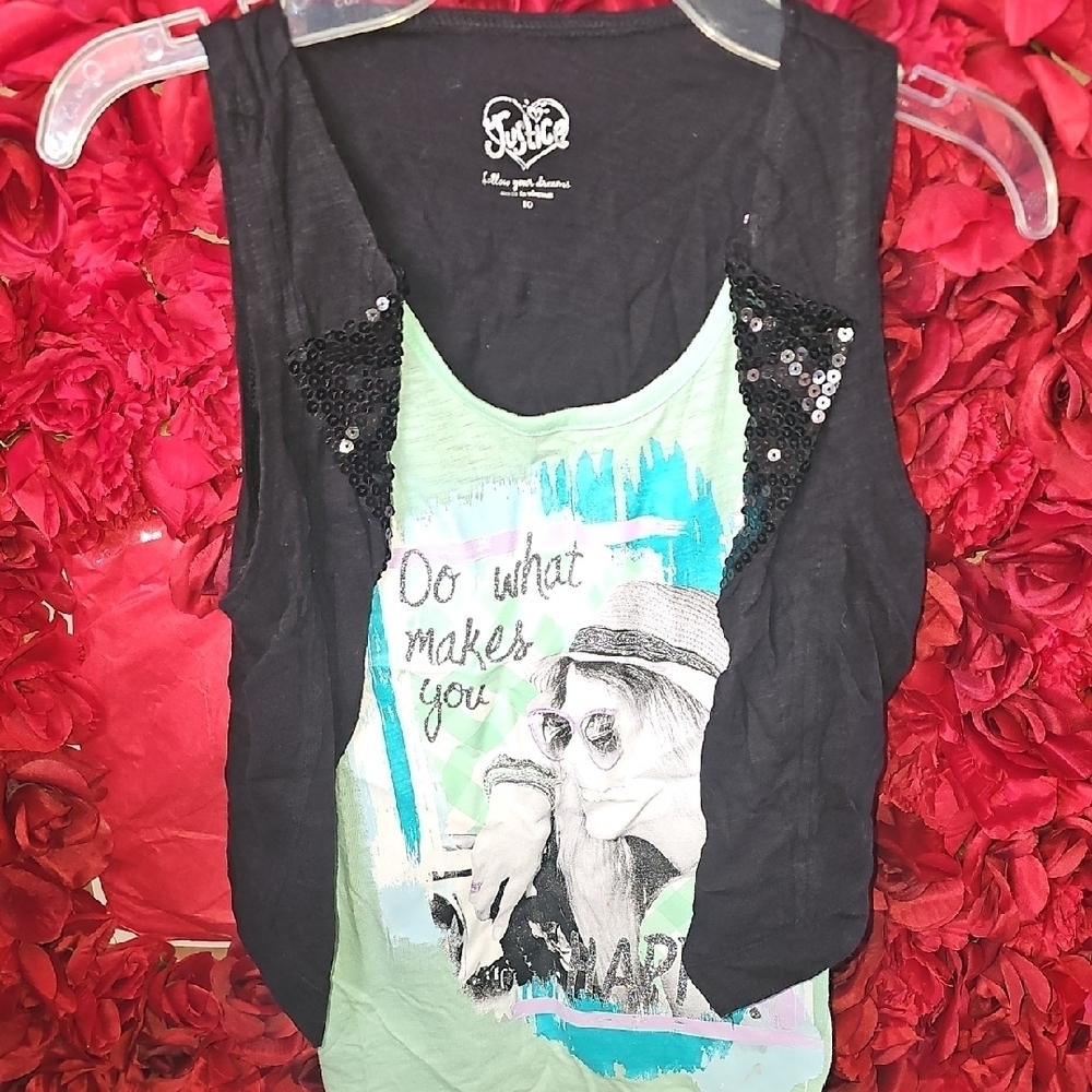 Justice Black & Green Sequin Graphic Glitter Tank Top Size 10